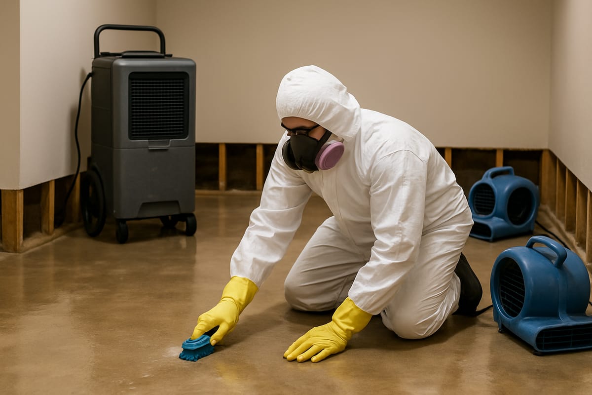 Restoration technician in protective gear cleaning a basement after a sewage backup in Burlington, NC